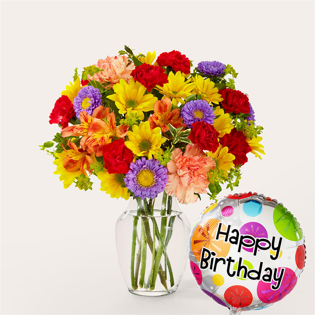 Kaleidoscope Bouquet with Birthday Balloon – Everbloom, Murfreesboro TN